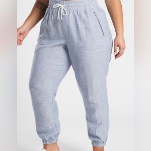 Athleta Cabo Linen Jogger Pants Chambray Blue Plus Size Drawstring Waist Sz 16